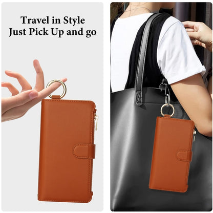 For iPhone 15 Pro Crossbody Ring Multifunctional Wallet Leather Phone Case(Brown) - iPhone 15 Pro Cases by buy2fix | Online Shopping UK | buy2fix