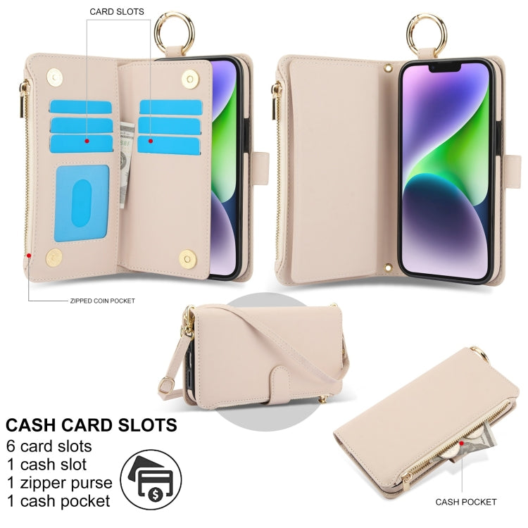 For iPhone 15 Crossbody Ring Multifunctional Wallet Leather Phone Case(White) - iPhone 15 Cases by buy2fix | Online Shopping UK | buy2fix