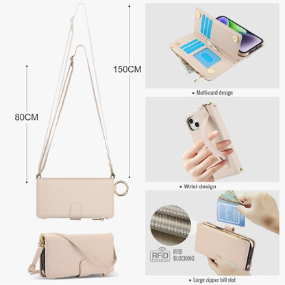 For iPhone 15 Crossbody Ring Multifunctional Wallet Leather Phone Case(White) - iPhone 15 Cases by buy2fix | Online Shopping UK | buy2fix
