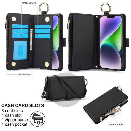 For iPhone 15 Crossbody Ring Multifunctional Wallet Leather Phone Case(Black) - iPhone 15 Cases by buy2fix | Online Shopping UK | buy2fix