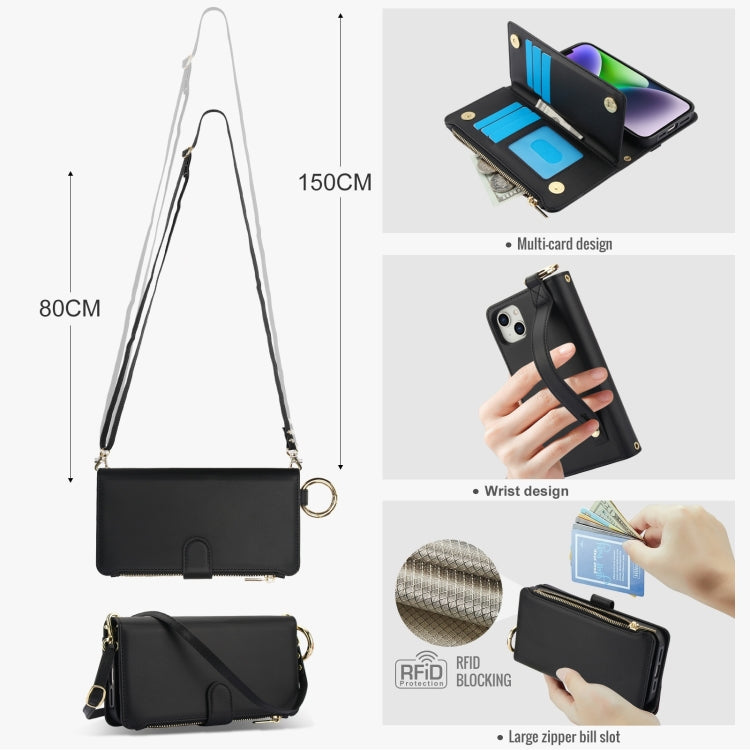 For iPhone 15 Crossbody Ring Multifunctional Wallet Leather Phone Case(Black) - iPhone 15 Cases by buy2fix | Online Shopping UK | buy2fix