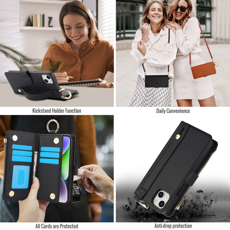 For iPhone 15 Crossbody Ring Multifunctional Wallet Leather Phone Case(Black) - iPhone 15 Cases by buy2fix | Online Shopping UK | buy2fix