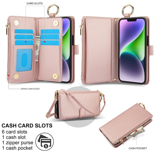 For iPhone 15 Crossbody Ring Multifunctional Wallet Leather Phone Case(Rose Gold) - iPhone 15 Cases by buy2fix | Online Shopping UK | buy2fix
