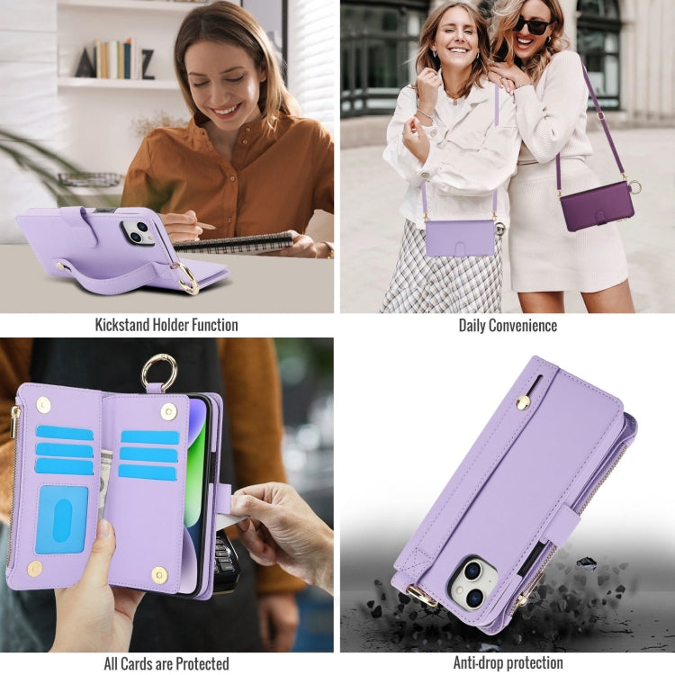 For iPhone 15 Crossbody Ring Multifunctional Wallet Leather Phone Case(Purple) - iPhone 15 Cases by buy2fix | Online Shopping UK | buy2fix
