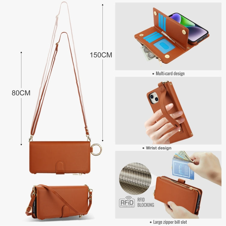 For iPhone 15 Crossbody Ring Multifunctional Wallet Leather Phone Case(Brown) - iPhone 15 Cases by buy2fix | Online Shopping UK | buy2fix