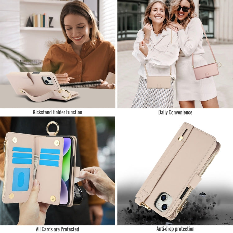For iPhone 14 Crossbody Ring Multifunctional Wallet Leather Phone Case(White) - iPhone 14 Cases by buy2fix | Online Shopping UK | buy2fix