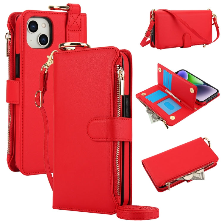 For iPhone 14 Crossbody Ring Multifunctional Wallet Leather Phone Case(Red) - iPhone 14 Cases by buy2fix | Online Shopping UK | buy2fix
