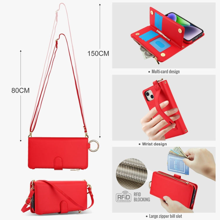 For iPhone 14 Crossbody Ring Multifunctional Wallet Leather Phone Case(Red) - iPhone 14 Cases by buy2fix | Online Shopping UK | buy2fix