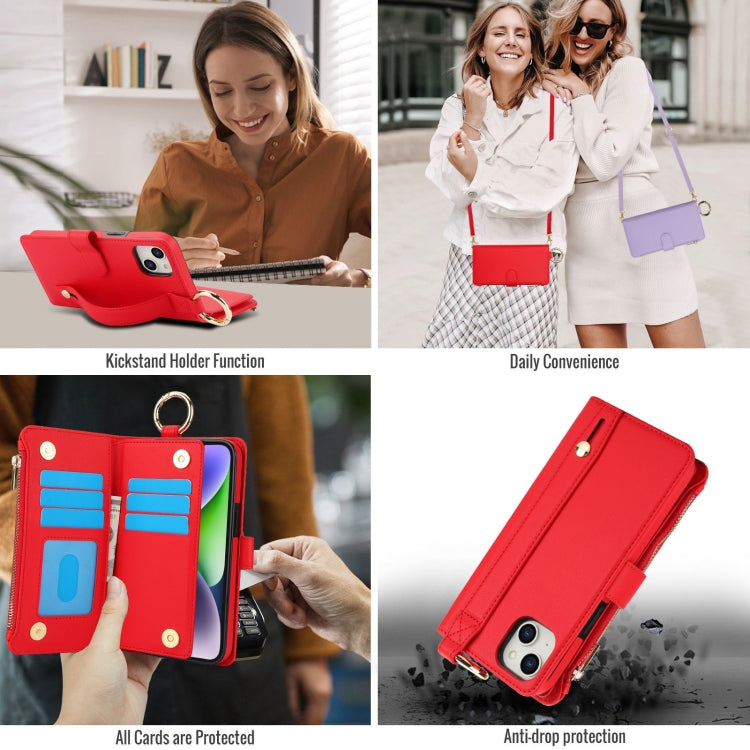 For iPhone 14 Crossbody Ring Multifunctional Wallet Leather Phone Case(Red) - iPhone 14 Cases by buy2fix | Online Shopping UK | buy2fix