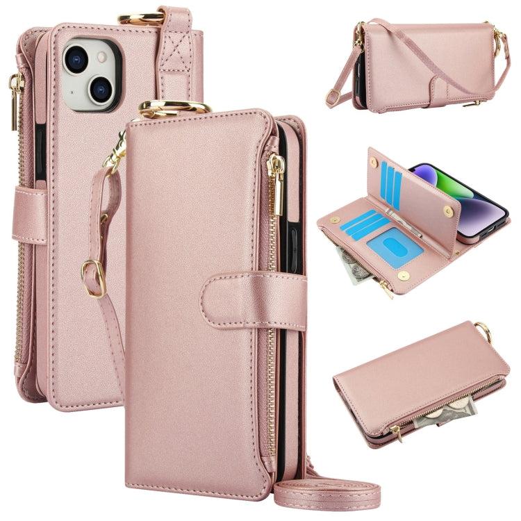 For iPhone 14 Crossbody Ring Multifunctional Wallet Leather Phone Case(Rose Gold) - iPhone 14 Cases by buy2fix | Online Shopping UK | buy2fix