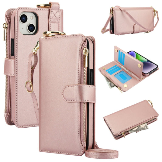 For iPhone 14 Crossbody Ring Multifunctional Wallet Leather Phone Case(Rose Gold) - iPhone 14 Cases by buy2fix | Online Shopping UK | buy2fix