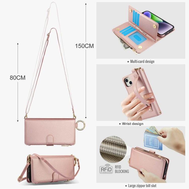 For iPhone 14 Crossbody Ring Multifunctional Wallet Leather Phone Case(Rose Gold) - iPhone 14 Cases by buy2fix | Online Shopping UK | buy2fix