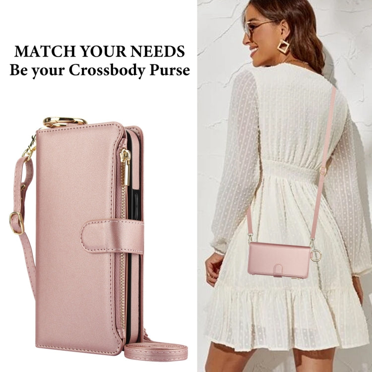 For iPhone 14 Crossbody Ring Multifunctional Wallet Leather Phone Case(Rose Gold) - iPhone 14 Cases by buy2fix | Online Shopping UK | buy2fix
