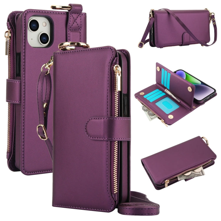 For iPhone 14 Crossbody Ring Multifunctional Wallet Leather Phone Case(Dark Purple) - iPhone 14 Cases by buy2fix | Online Shopping UK | buy2fix