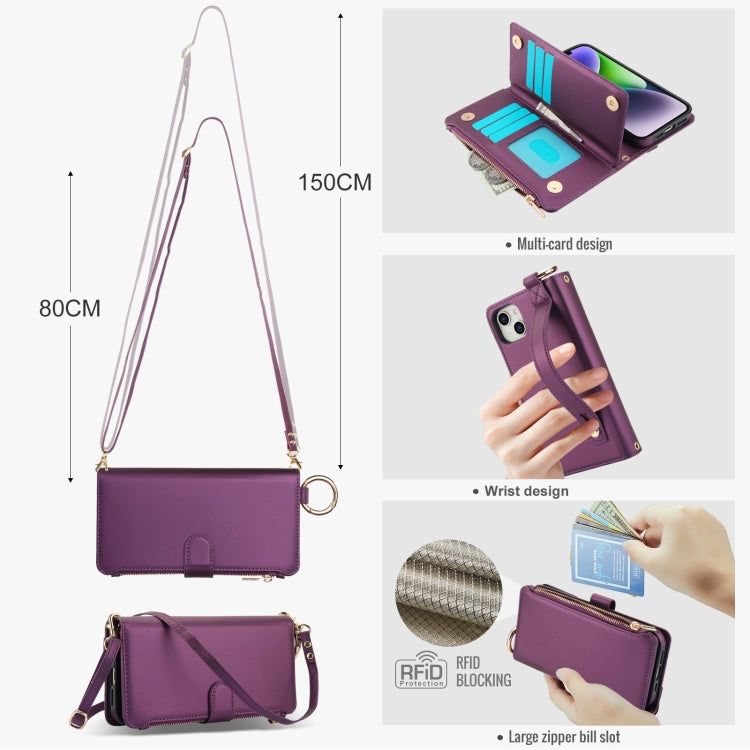 For iPhone 14 Crossbody Ring Multifunctional Wallet Leather Phone Case(Dark Purple) - iPhone 14 Cases by buy2fix | Online Shopping UK | buy2fix