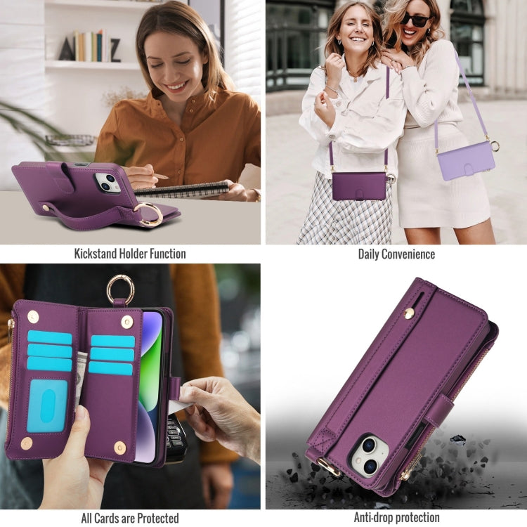 For iPhone 14 Crossbody Ring Multifunctional Wallet Leather Phone Case(Dark Purple) - iPhone 14 Cases by buy2fix | Online Shopping UK | buy2fix