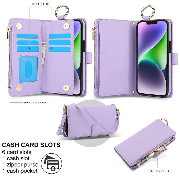 For iPhone 14 Crossbody Ring Multifunctional Wallet Leather Phone Case(Purple) - iPhone 14 Cases by buy2fix | Online Shopping UK | buy2fix