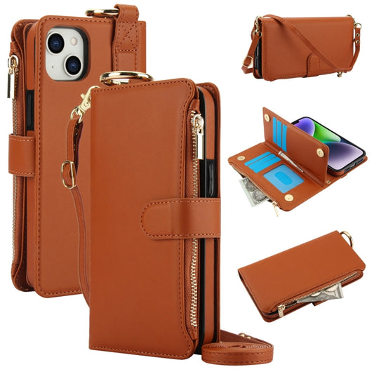 For iPhone 14 Crossbody Ring Multifunctional Wallet Leather Phone Case(Brown) - iPhone 14 Cases by buy2fix | Online Shopping UK | buy2fix