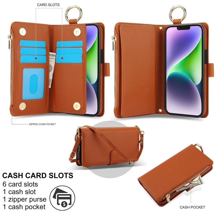 For iPhone 14 Crossbody Ring Multifunctional Wallet Leather Phone Case(Brown) - iPhone 14 Cases by buy2fix | Online Shopping UK | buy2fix