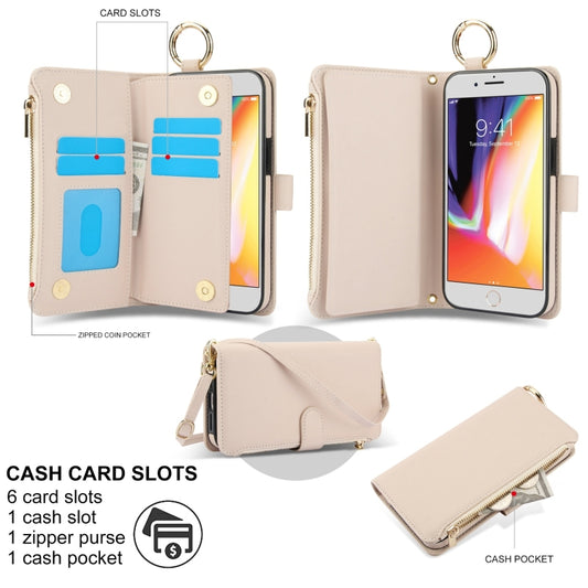 For iPhone 7 / 8 / SE 2022 Crossbody Ring Multifunctional Wallet Leather Phone Case(White) - iPhone SE 2022 / 2020 / 8 / 7 Cases by buy2fix | Online Shopping UK | buy2fix