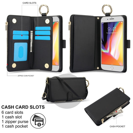 For iPhone 7 / 8 / SE 2022 Crossbody Ring Multifunctional Wallet Leather Phone Case(Black) - iPhone SE 2022 / 2020 / 8 / 7 Cases by buy2fix | Online Shopping UK | buy2fix
