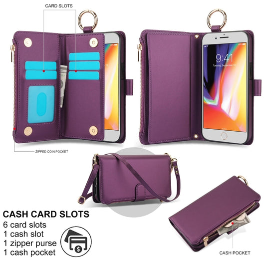 For iPhone 7 / 8 / SE 2022 Crossbody Ring Multifunctional Wallet Leather Phone Case(Dark Purple) - iPhone SE 2022 / 2020 / 8 / 7 Cases by buy2fix | Online Shopping UK | buy2fix
