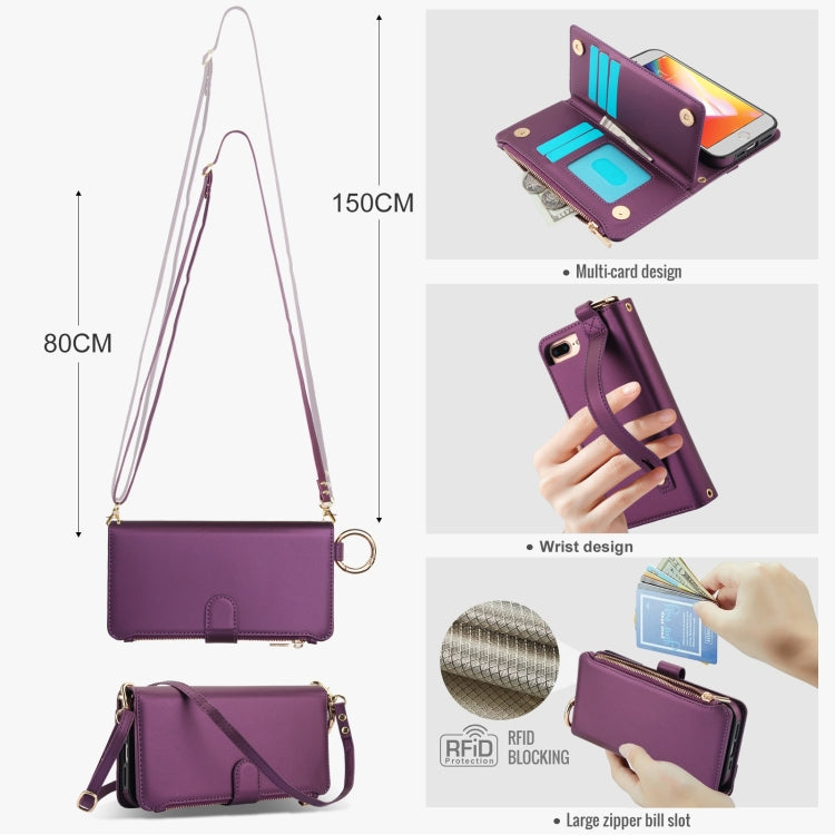 For iPhone 7 / 8 / SE 2022 Crossbody Ring Multifunctional Wallet Leather Phone Case(Dark Purple) - iPhone SE 2022 / 2020 / 8 / 7 Cases by buy2fix | Online Shopping UK | buy2fix