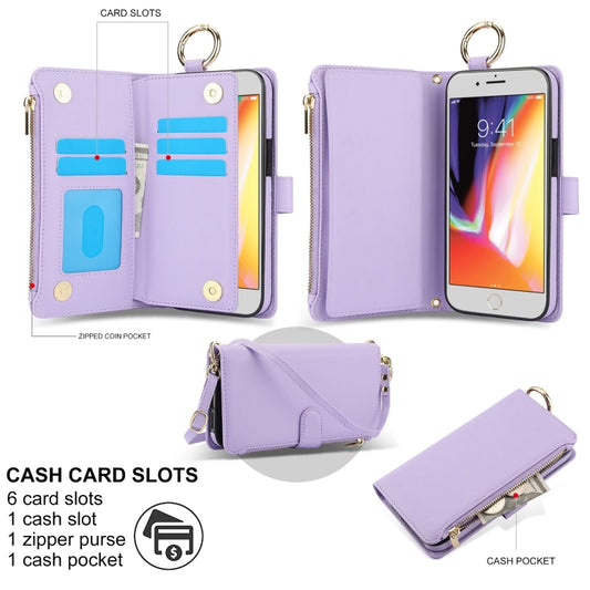 For iPhone 7 / 8 / SE 2022 Crossbody Ring Multifunctional Wallet Leather Phone Case(Purple) - iPhone SE 2022 / 2020 / 8 / 7 Cases by buy2fix | Online Shopping UK | buy2fix
