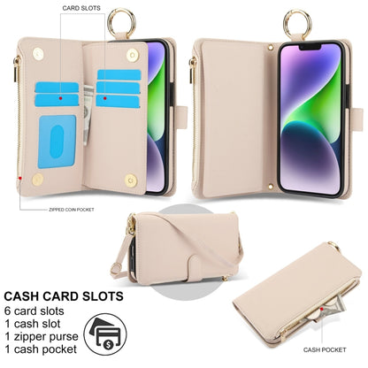 For iPhone 13 mini Crossbody Ring Multifunctional Wallet Leather Phone Case(White) - iPhone 13 mini Cases by buy2fix | Online Shopping UK | buy2fix
