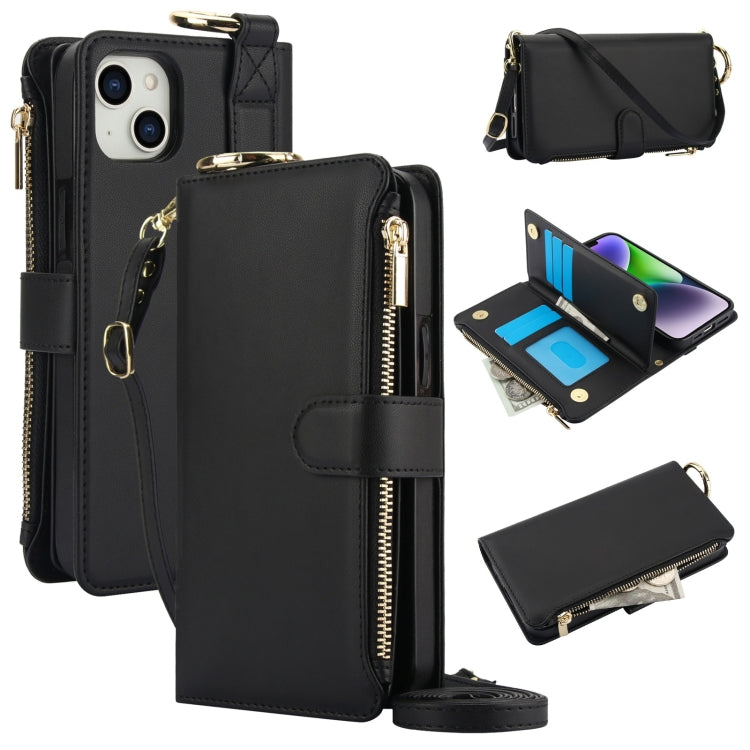 For iPhone 13 mini Crossbody Ring Multifunctional Wallet Leather Phone Case(Black) - iPhone 13 mini Cases by buy2fix | Online Shopping UK | buy2fix