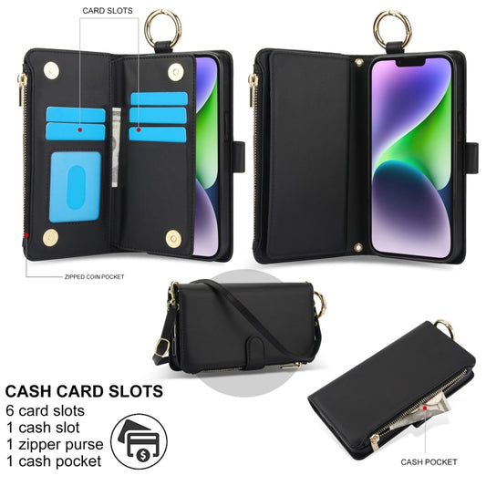 For iPhone 13 mini Crossbody Ring Multifunctional Wallet Leather Phone Case(Black) - iPhone 13 mini Cases by buy2fix | Online Shopping UK | buy2fix