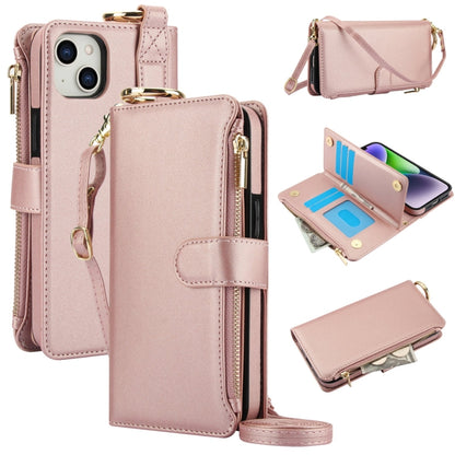 For iPhone 13 mini Crossbody Ring Multifunctional Wallet Leather Phone Case(Rose Gold) - iPhone 13 mini Cases by buy2fix | Online Shopping UK | buy2fix