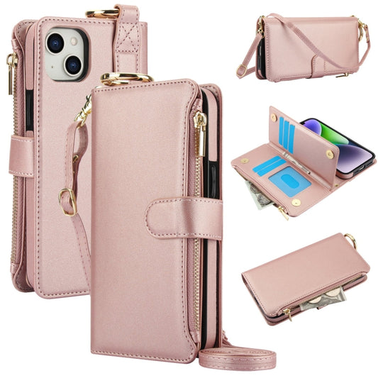 For iPhone 13 mini Crossbody Ring Multifunctional Wallet Leather Phone Case(Rose Gold) - iPhone 13 mini Cases by buy2fix | Online Shopping UK | buy2fix