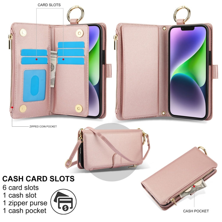 For iPhone 13 mini Crossbody Ring Multifunctional Wallet Leather Phone Case(Rose Gold) - iPhone 13 mini Cases by buy2fix | Online Shopping UK | buy2fix