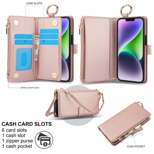 For iPhone 13 mini Crossbody Ring Multifunctional Wallet Leather Phone Case(Rose Gold) - iPhone 13 mini Cases by buy2fix | Online Shopping UK | buy2fix