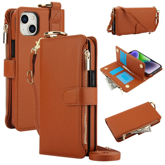 For iPhone 13 mini Crossbody Ring Multifunctional Wallet Leather Phone Case(Brown) - iPhone 13 mini Cases by buy2fix | Online Shopping UK | buy2fix