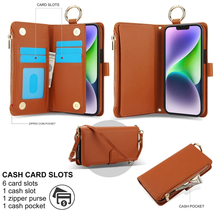 For iPhone 13 mini Crossbody Ring Multifunctional Wallet Leather Phone Case(Brown) - iPhone 13 mini Cases by buy2fix | Online Shopping UK | buy2fix