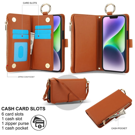 For iPhone 13 mini Crossbody Ring Multifunctional Wallet Leather Phone Case(Brown) - iPhone 13 mini Cases by buy2fix | Online Shopping UK | buy2fix