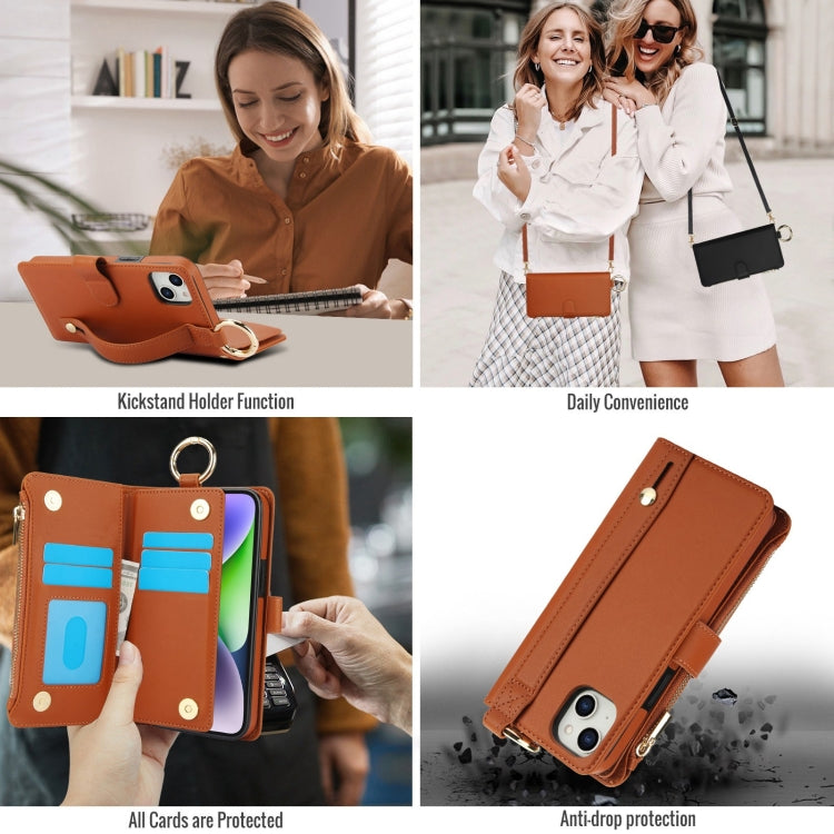 For iPhone 13 mini Crossbody Ring Multifunctional Wallet Leather Phone Case(Brown) - iPhone 13 mini Cases by buy2fix | Online Shopping UK | buy2fix