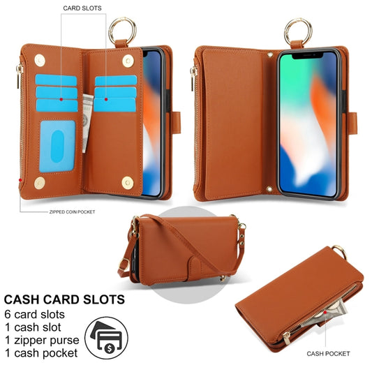 For iPhone X / XS Crossbody Ring Multifunctional Wallet Leather Phone Case(Brown) - More iPhone Cases by buy2fix | Online Shopping UK | buy2fix