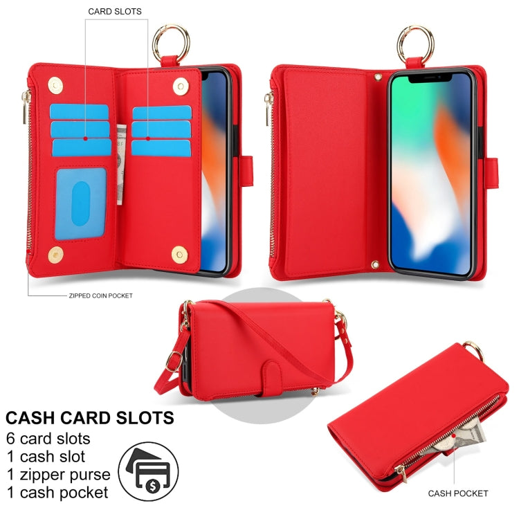 For iPhone XR Crossbody Ring Multifunctional Wallet Leather Phone Case(Red) - More iPhone Cases by buy2fix | Online Shopping UK | buy2fix