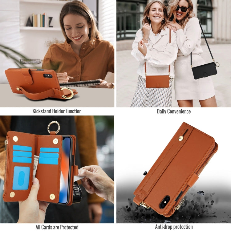 For iPhone XR Crossbody Ring Multifunctional Wallet Leather Phone Case(Brown) - More iPhone Cases by buy2fix | Online Shopping UK | buy2fix