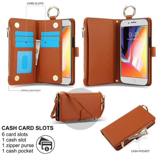 For iPhone 7 Plus / 8 Plus Crossbody Ring Multifunctional Wallet Leather Phone Case(Brown) - More iPhone Cases by buy2fix | Online Shopping UK | buy2fix