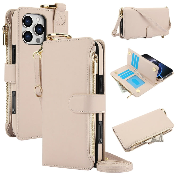 For iPhone 16 Pro Max Crossbody Ring Multifunctional Wallet Leather Phone Case(White) by buy2fix