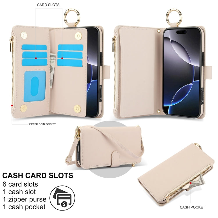 For iPhone 16 Pro Max Crossbody Ring Multifunctional Wallet Leather Phone Case(White) by buy2fix