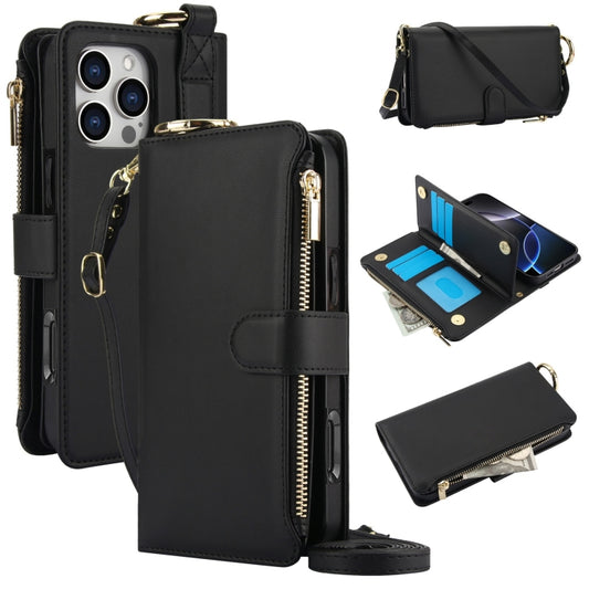For iPhone 16 Pro Max Crossbody Ring Multifunctional Wallet Leather Phone Case(Black) by buy2fix