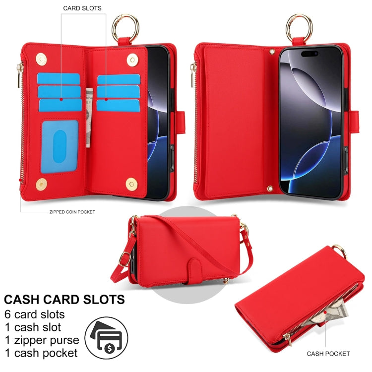 For iPhone 16 Pro Max Crossbody Ring Multifunctional Wallet Leather Phone Case(Red) by buy2fix