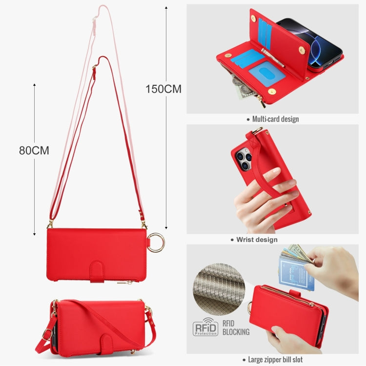 For iPhone 16 Pro Max Crossbody Ring Multifunctional Wallet Leather Phone Case(Red) by buy2fix