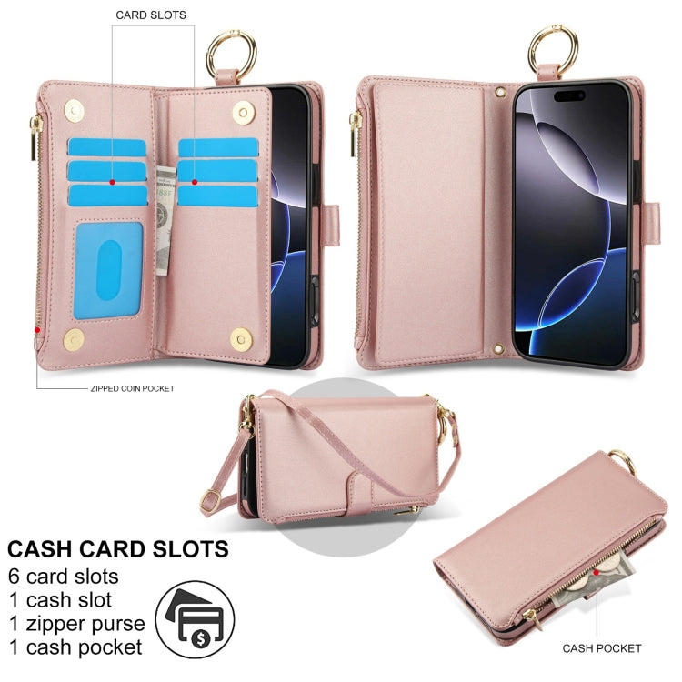 For iPhone 16 Pro Max Crossbody Ring Multifunctional Wallet Leather Phone Case(Rose Gold) by buy2fix