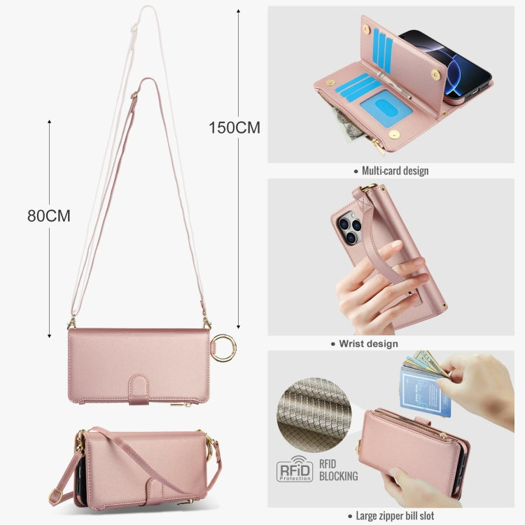 For iPhone 16 Pro Max Crossbody Ring Multifunctional Wallet Leather Phone Case(Rose Gold) by buy2fix